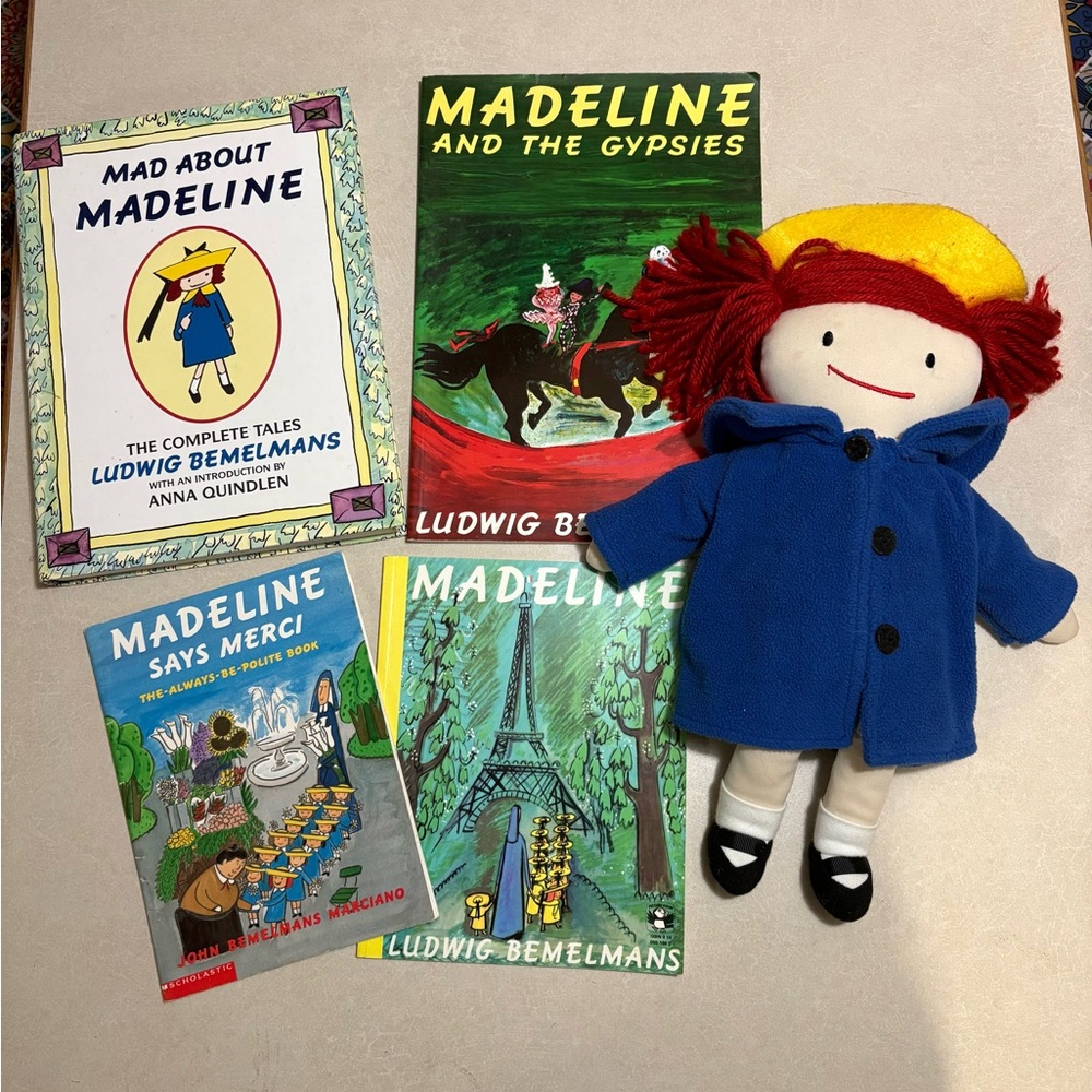 Madeline Doll with Blue Coat and Yellow Hat with 4 books.